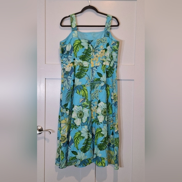 Talbots Petite Linen Tropical Botanical Midi Dress Sleevels Lined Blue Green 16P - Picture 9 of 16